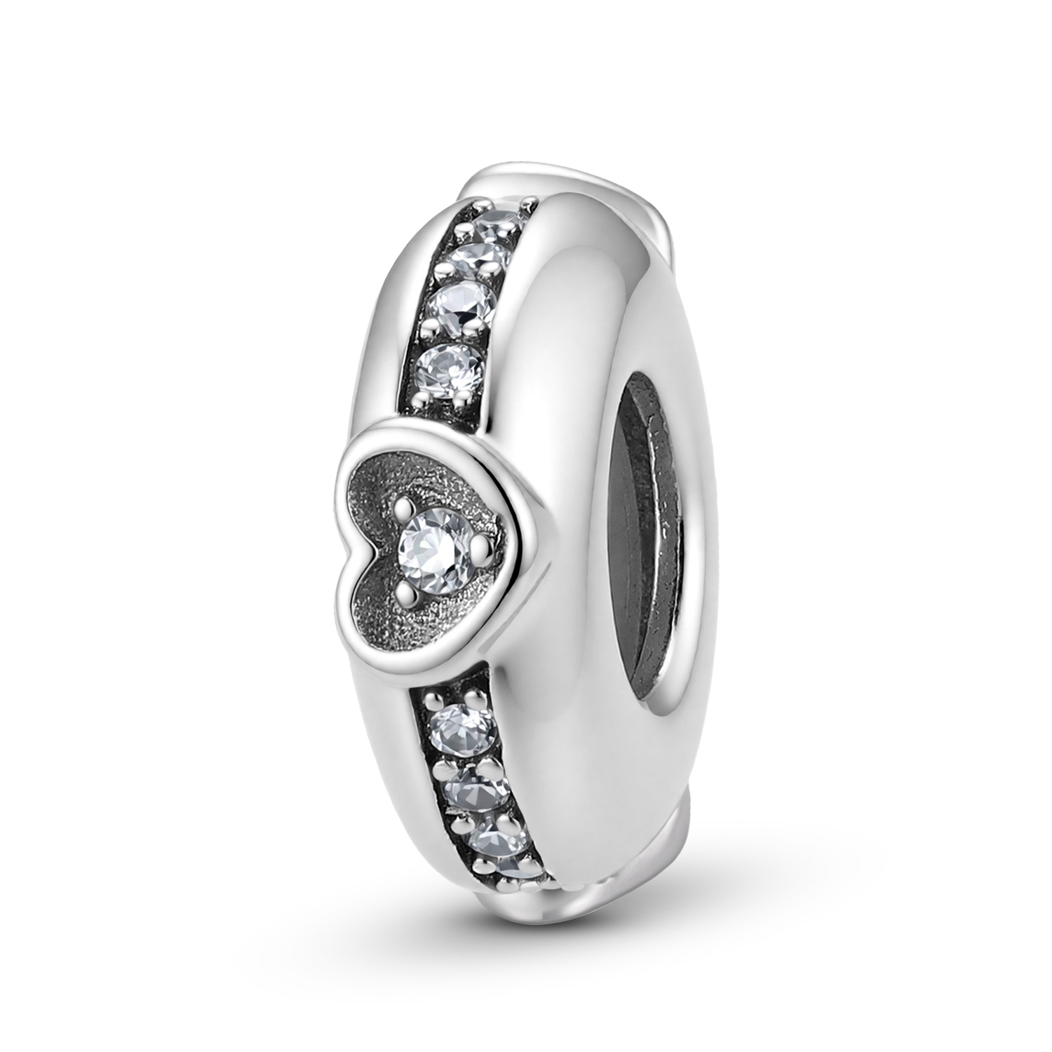 S925 Sterling Silver Diamond-Set Heart Spacer Bead — Fashion Minimalist Bracelet DIY Accessory