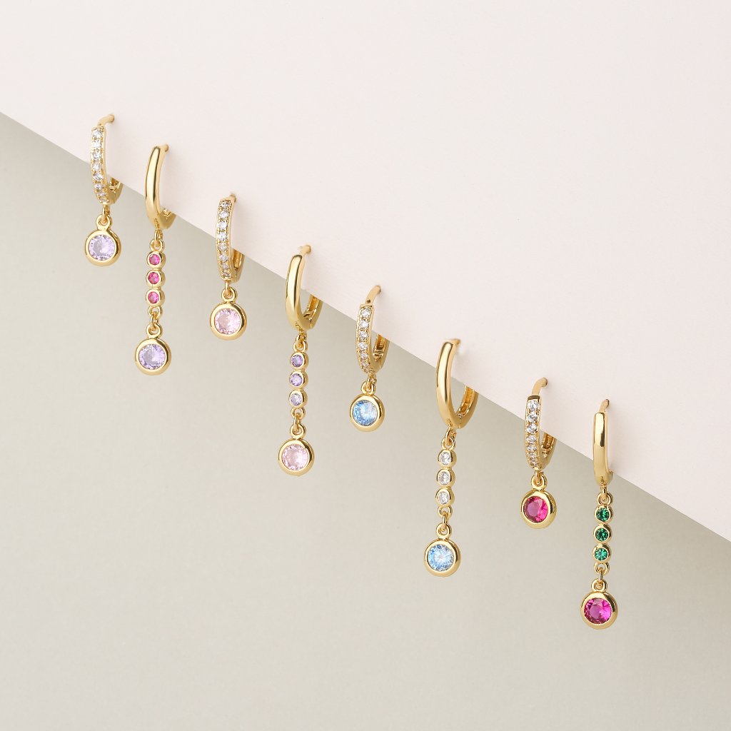18K Gold Plated Copper Round Huggie Hoop Earrings with Colorful Zircon Dot Chain Dangle Charms — Charms | MAOLE Fine Jewelry