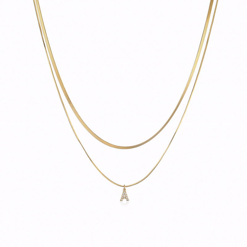 Micro-Paved Letter Layered Necklace Blade Chain Flat Snake Bone Chain Stainless Steel Necklace