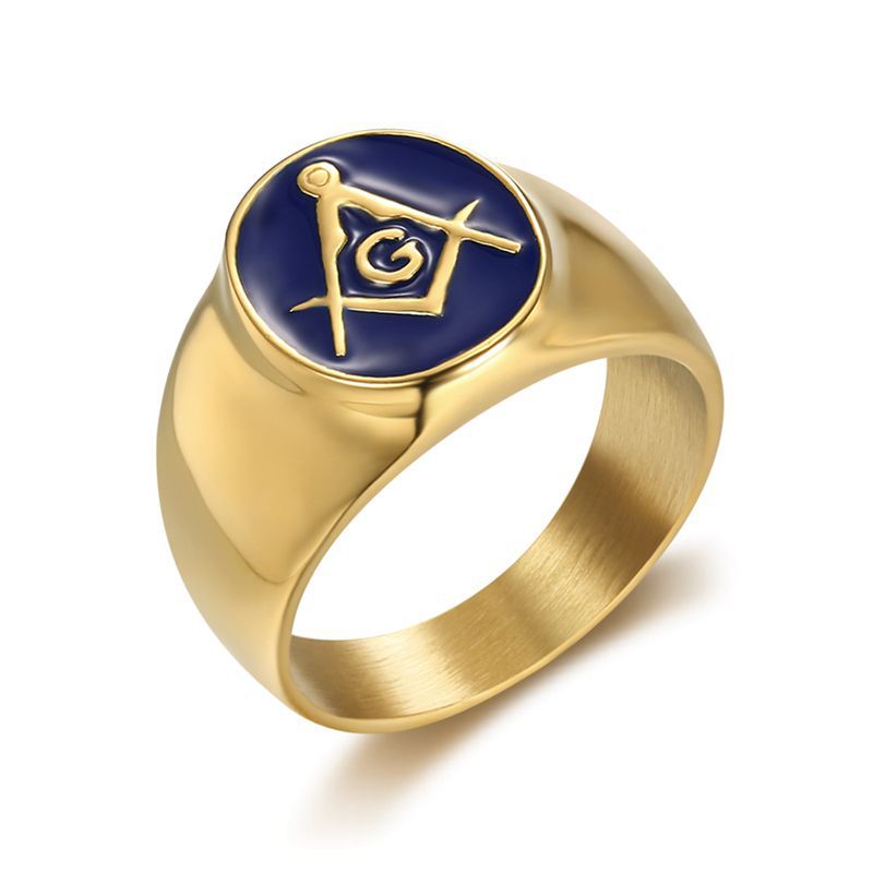 Gold-Plated Blue Enamel Freemason Signet Ring — Rings | MAOLE Fine Jewelry