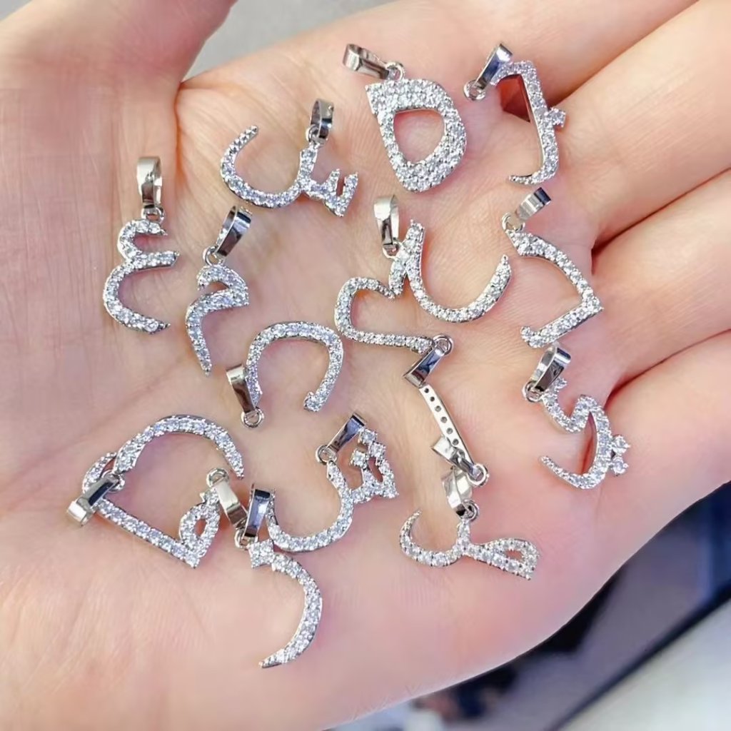 Copper Inlaid Zircon Arabic Letter Pendant Necklace Personalized Hip-Hop Letter Chain Silver Tone 2