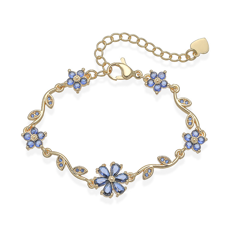 Copper Inlaid Colorful Zirconia Five-Petal Flower and Leaf Bracelet - Versatile Floral Petal Hand Accessory 4