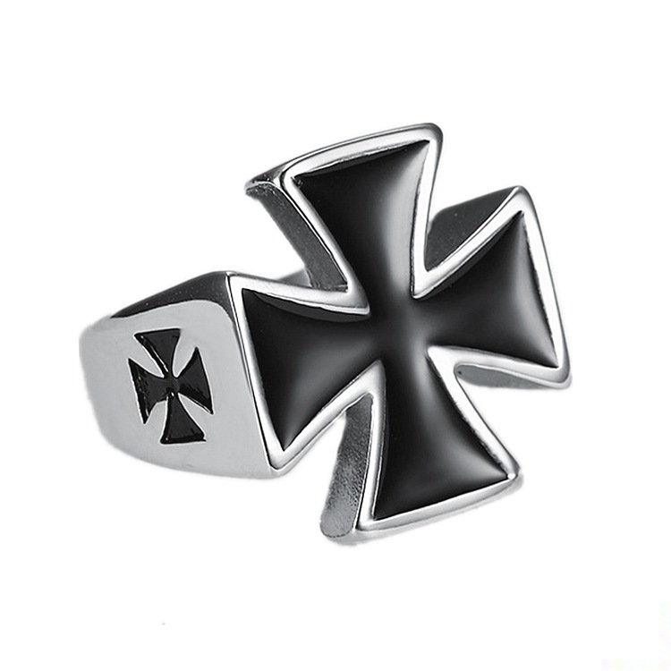 Steel Iron Cross Black Enamel Signet Ring