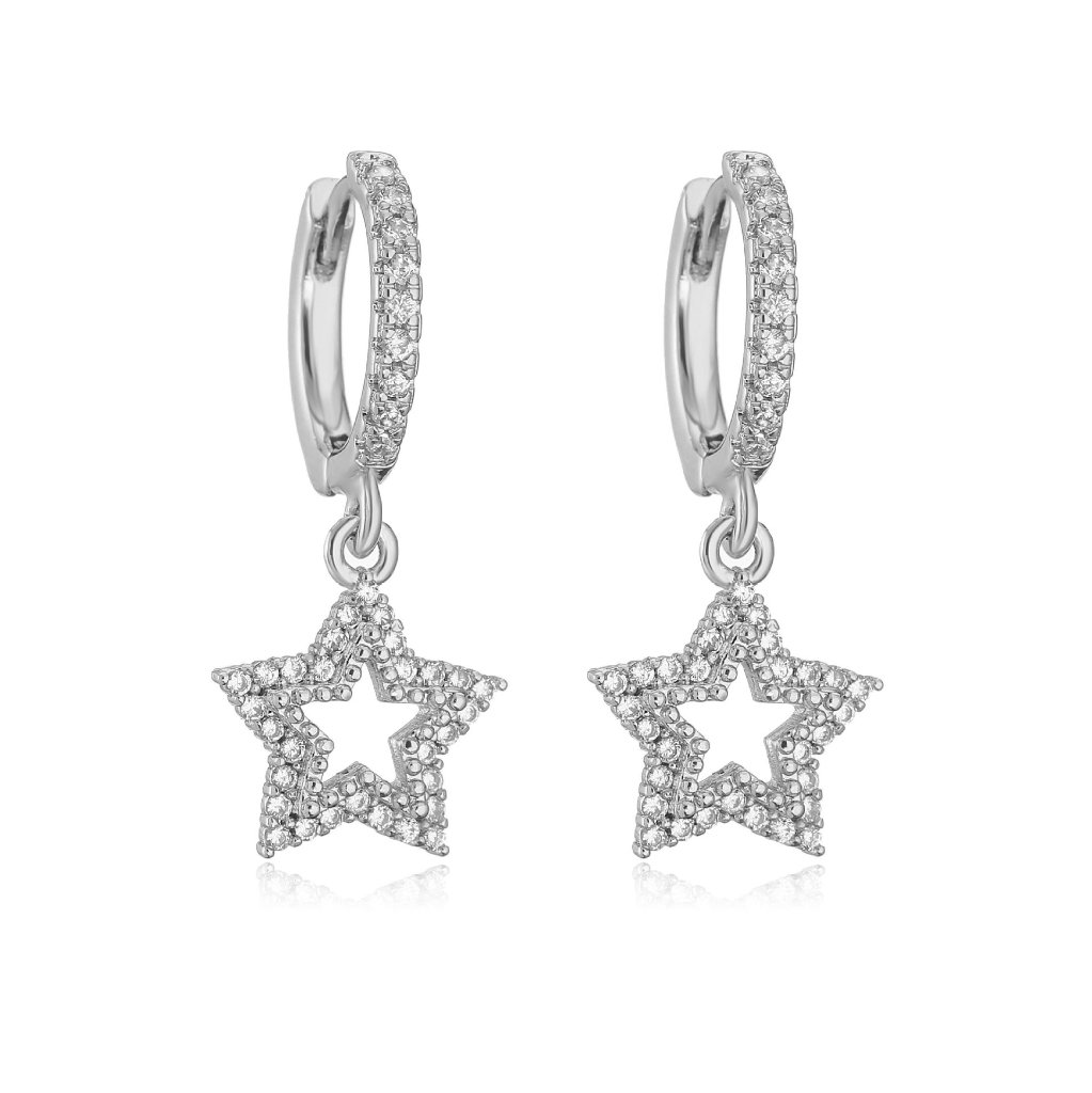 Zircon Star Dangle Hoop Earrings - Silver Plated