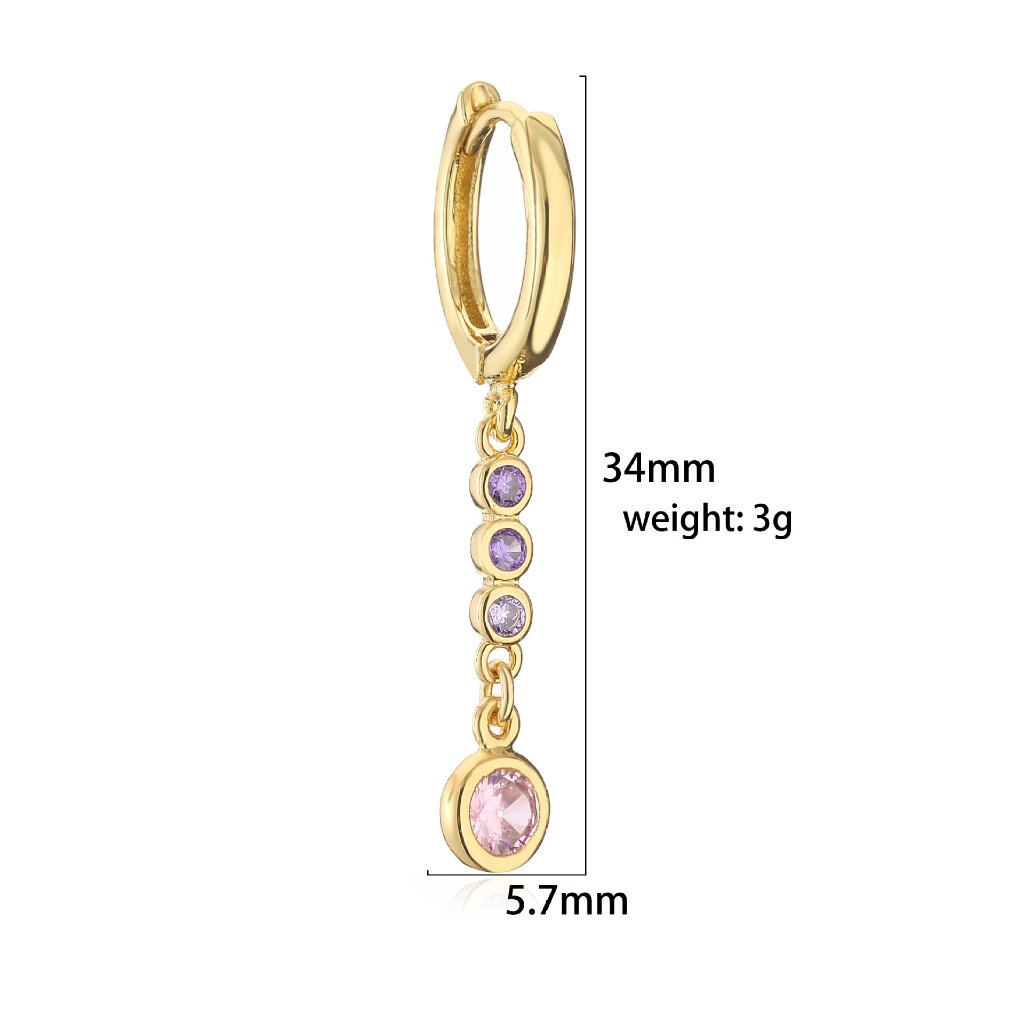 18K Gold Plated Copper Round Huggie Hoop Earrings with Colorful Zircon Dot Chain Dangle Charms — Spec Chart - Long Style (Pink Chain + Purple End)