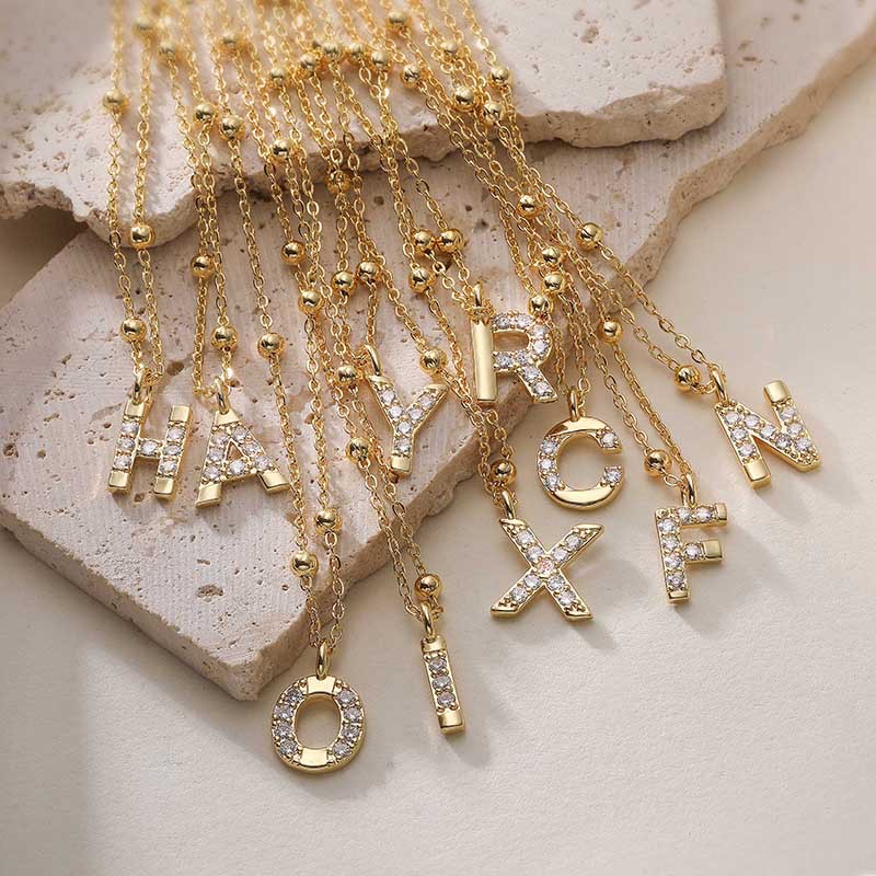Gold-Tone Copper Zircon Inlaid 26 Letter Beaded Station Chain Necklace Versatile Alphabet Clavicle Chain