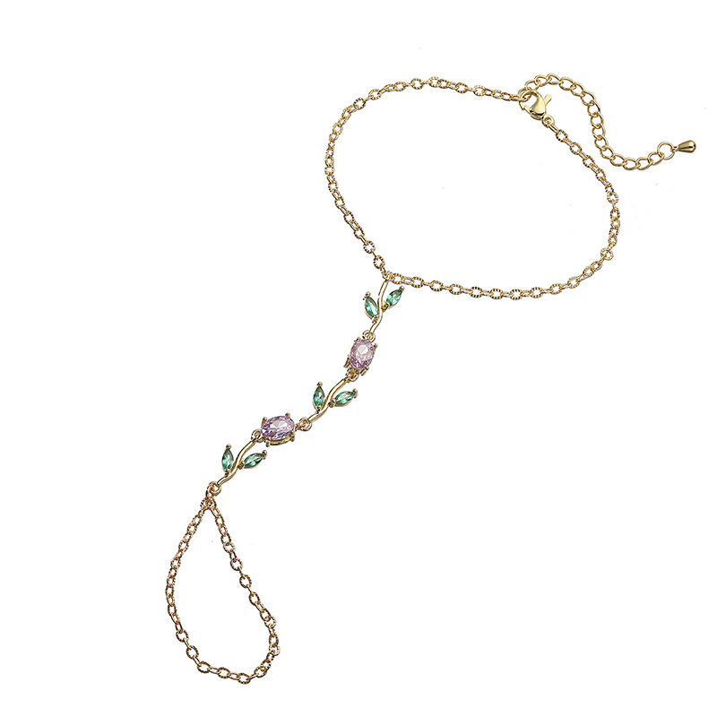 Copper Inlaid Colorful Zirconia Tulip Finger Chain Bracelet - Light Luxury Flower Petal Hand Chain Ring Integrated Slave Bracelet for Women 9