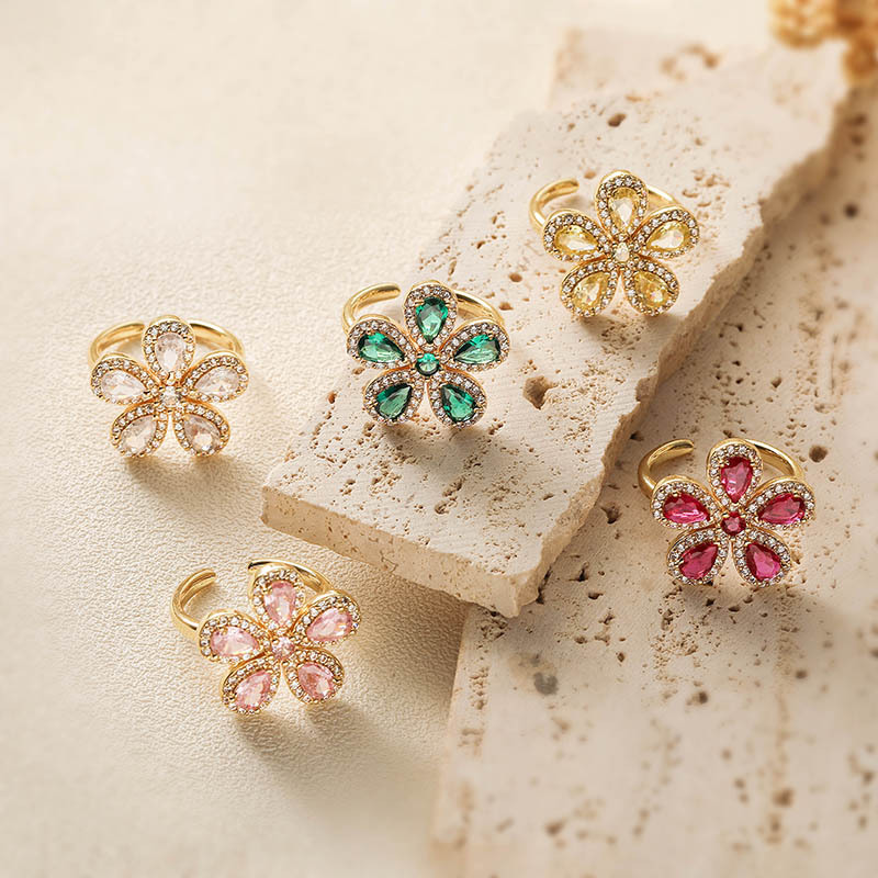Copper Inlaid Colorful Zirconia Flower Petal Ring - Luxury Sparkle Five-Petal Adjustable Open Ring