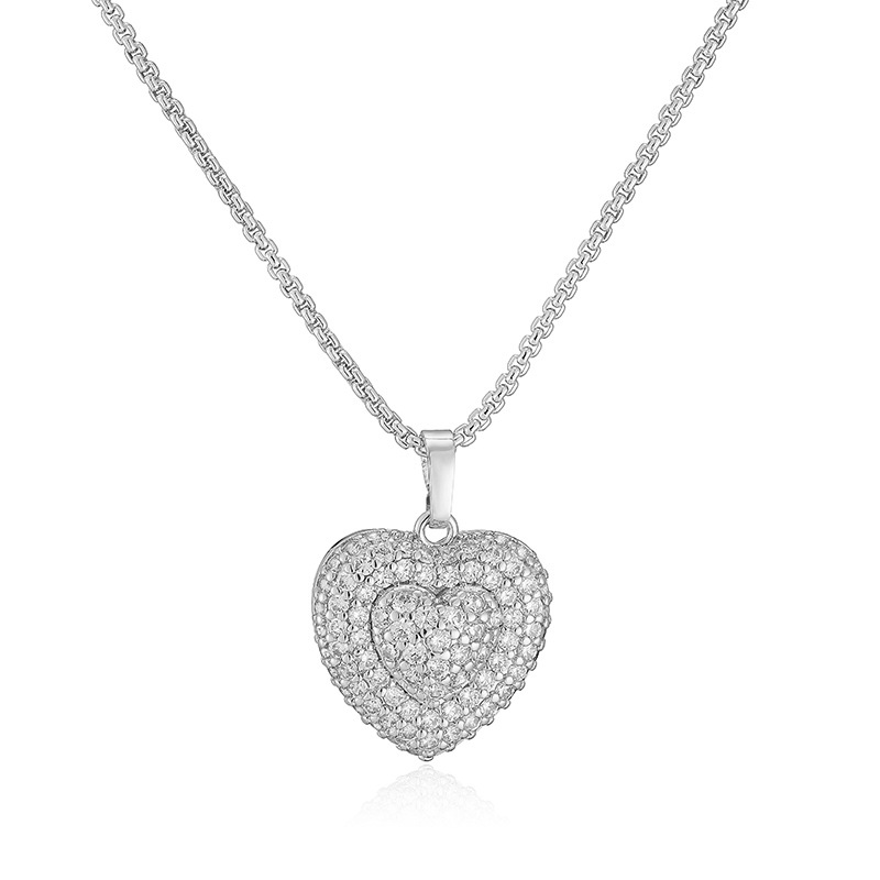 Exquisite Light Luxury Copper Inlaid Colorful Zircon Double-Layer Heart Pendant Necklace Super Sparkly Heart Dangle Charm Chain — Silver-tone with Clear Heart