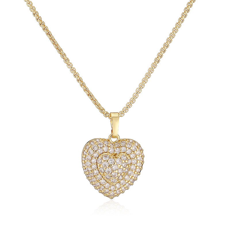 Exquisite Light Luxury Copper Inlaid Colorful Zircon Double-Layer Heart Pendant Necklace Super Sparkly Heart Dangle Charm Chain — Gold-tone with Clear Heart