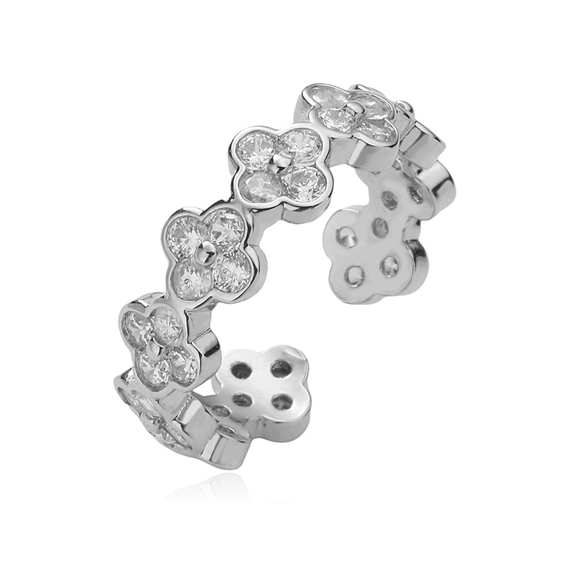 Copper Inlaid Color Diamond Flower Open Adjustable Ring Elegant Flower Petal Band (Silver Tone) — Clear/White