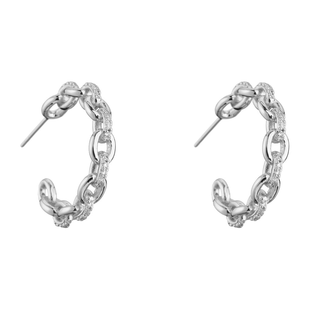 Silver-Plated Micro-Inlaid Zircon Chain-Link U-Shape Hoop Earrings