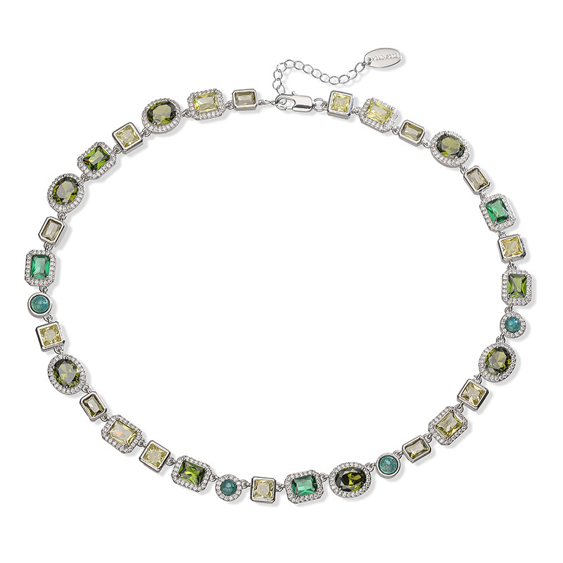 Exquisite Luxury Copper Inlaid Colored Diamond Oval and Square Splicing Necklace 3