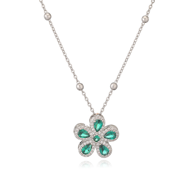 Copper-Inlaid Teardrop Colored Diamond Five-Petal Flower Pendant Necklace - Elegant Light Luxury Sparkling Floral Beaded Clavicle Chain 9