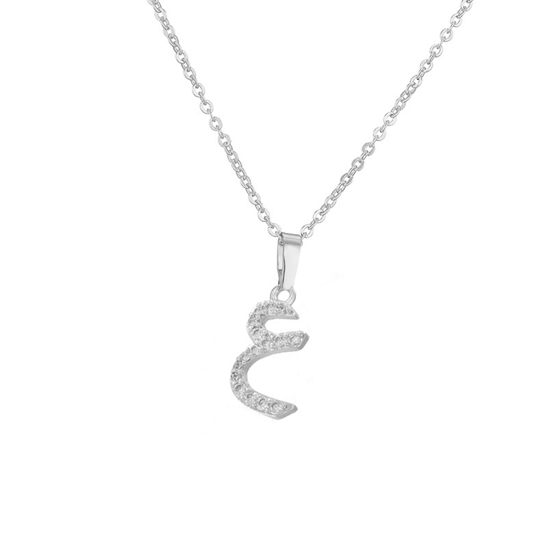 Copper Inlaid Zircon Arabic Letter Pendant Necklace Personalized Hip-Hop Letter Chain Silver Tone 13