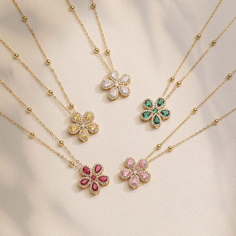 Copper-Inlaid Teardrop Colored Diamond Five-Petal Flower Pendant Necklace - Elegant Light Luxury Sparkling Floral Beaded Clavicle Chain