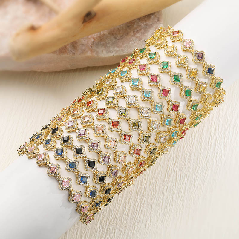 Copper Inlaid Colorful Zirconia Four-Leaf Clover Flower Petal Stackable Bracelet for Women - Luxury Sparkling Floral Bangle