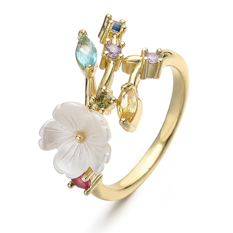 Copper Gold-Plated Colorful Enamel Floral Ring - Fresh Sweet Tulip Daisy Open Adjustable Finger Ring for Women — White Pearl Daisy