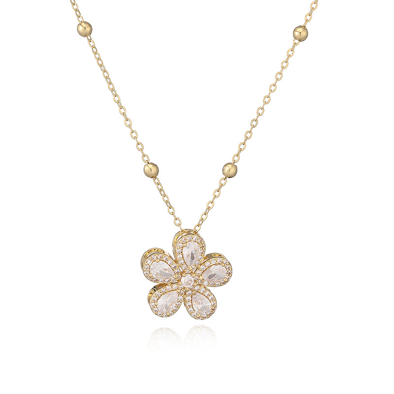Copper-Inlaid Teardrop Colored Diamond Five-Petal Flower Pendant Necklace - Elegant Light Luxury Sparkling Floral Beaded Clavicle Chain 8