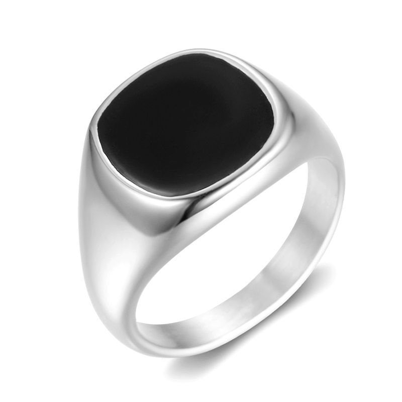 Steel Black Enamel Minimalist Signet Ring
