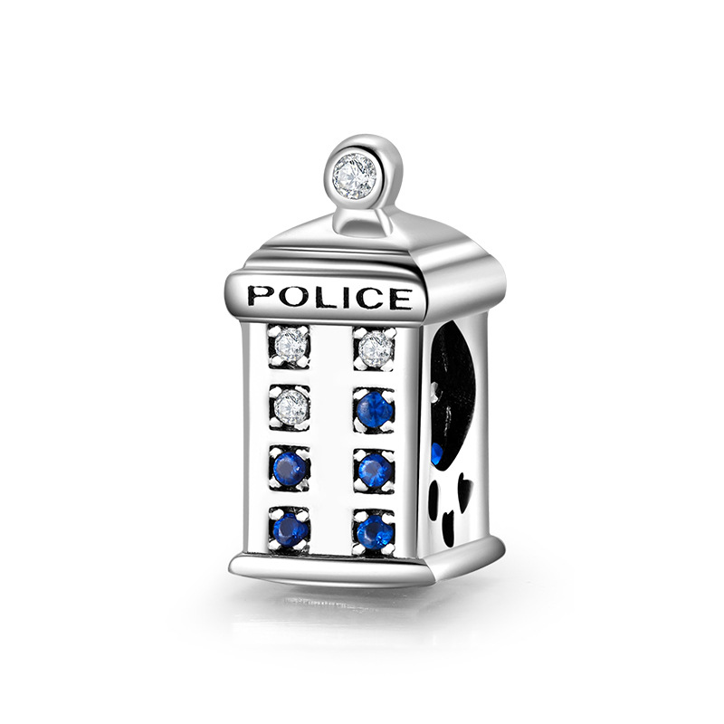 Police Box Charm - 925 Sterling Silver Cubic Zirconia Pendant