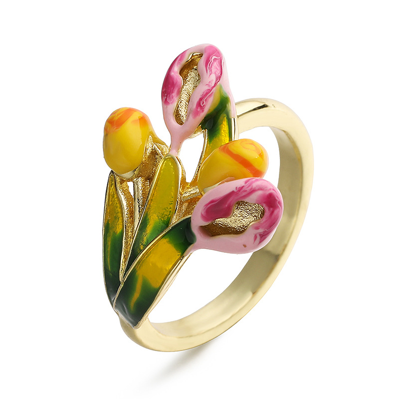 Copper Gold-Plated Colorful Enamel Floral Ring - Fresh Sweet Tulip Daisy Open Adjustable Finger Ring for Women — Pink & Yellow Tulip