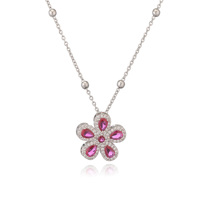 Copper-Inlaid Teardrop Colored Diamond Five-Petal Flower Pendant Necklace - Elegant Light Luxury Sparkling Floral Beaded Clavicle Chain 13