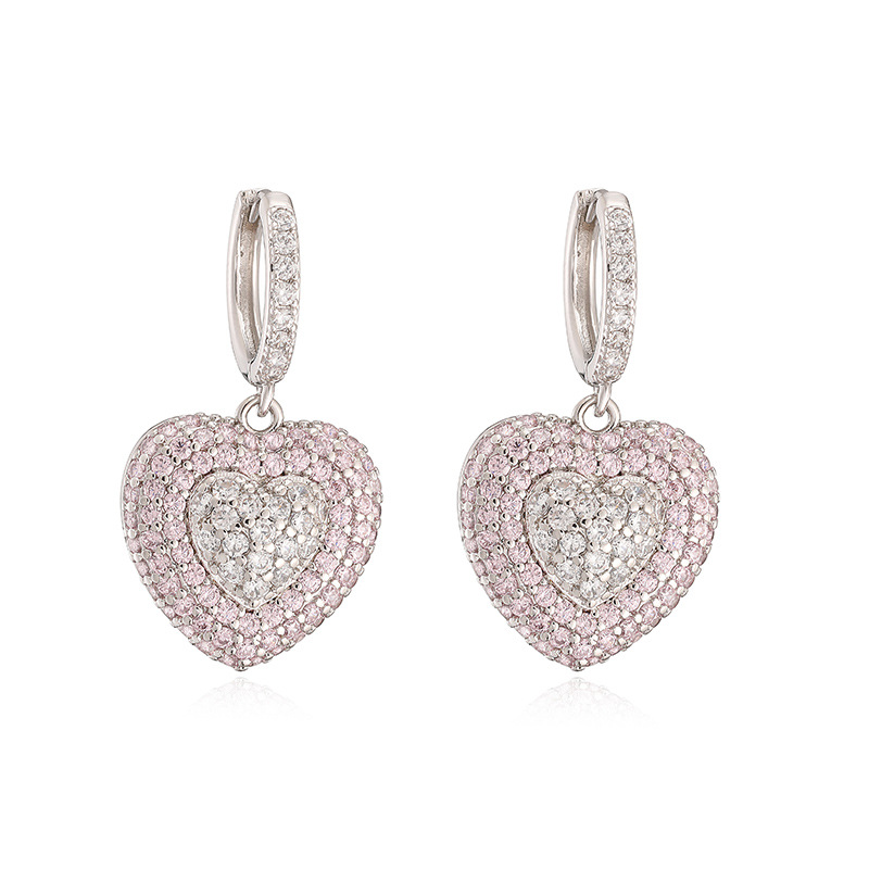 Exquisite Light Luxury Copper Inlaid Colorful Zircon Double-Layer Heart Huggie Hoop Earrings Super Sparkly Heart Dangle Charms — Silver-tone with Light Pink Heart
