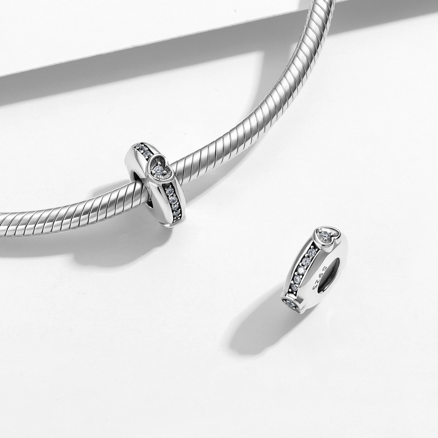 S925 Sterling Silver Diamond-Set Heart Spacer Bead — Fashion Minimalist Bracelet DIY Accessory 3