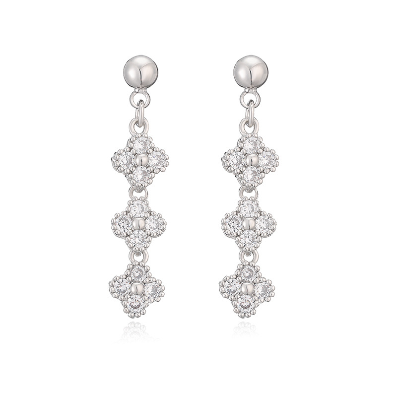 Elegant Crystal Flower Tassel Drop Earrings - Triple Floral Dangle Studs 22