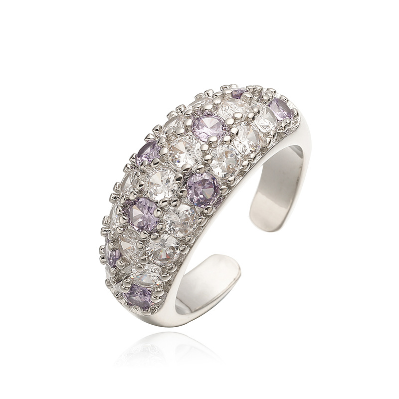 Copper Inlaid Colorful Diamond Circular Open Adjustable Ring Niche High-End Pave-Set Ring — Lavender/Silver