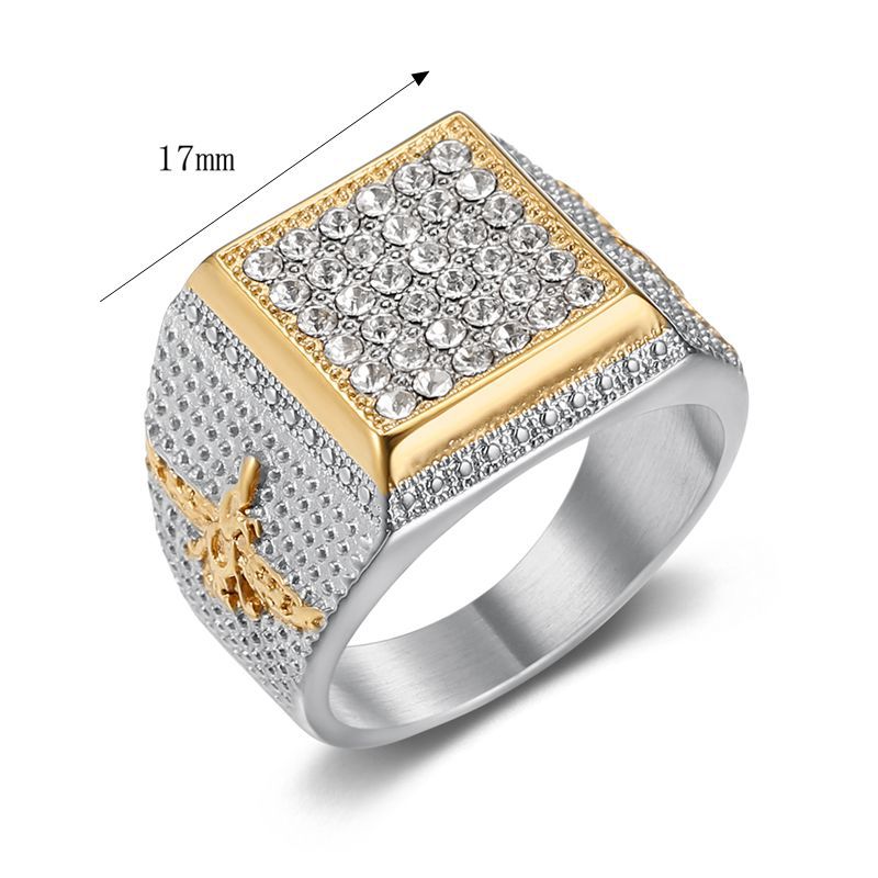 Steel Gold-Accent Rhinestone Zoroastrian Square Signet Ring 3