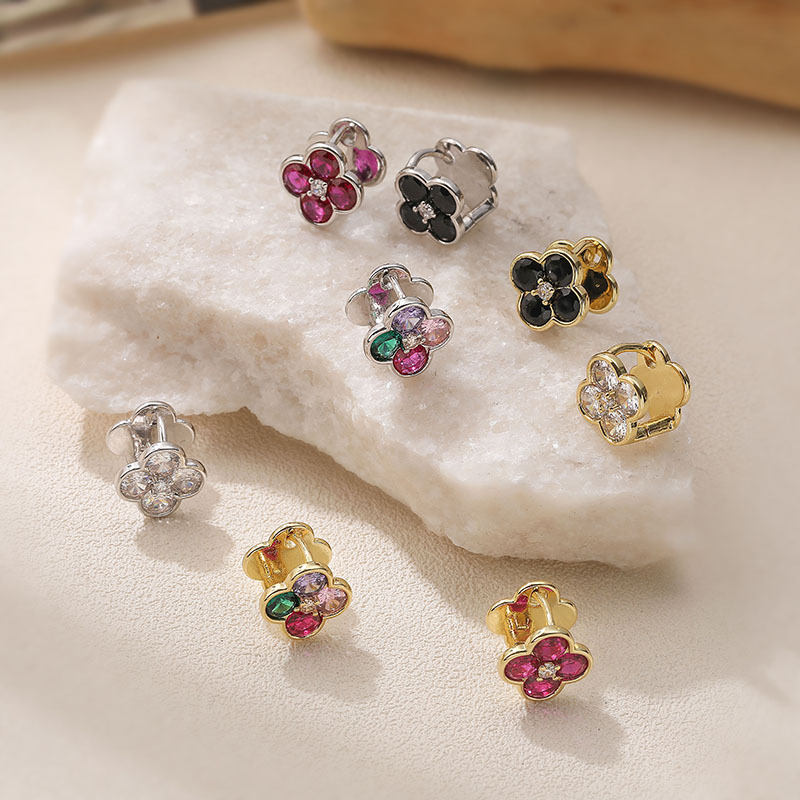 Exquisite Light-Luxury Copper Inlaid Colorful Zirconia Double-Sided Flower Huggie Hoop Earrings - Sweet Versatile Flower Petal Stackable Earrings for Women 3