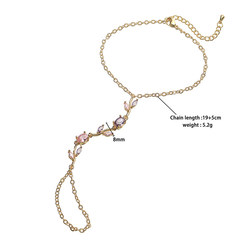 Copper Inlaid Colorful Zirconia Tulip Finger Chain Bracelet - Light Luxury Flower Petal Hand Chain Ring Integrated Slave Bracelet for Women 2