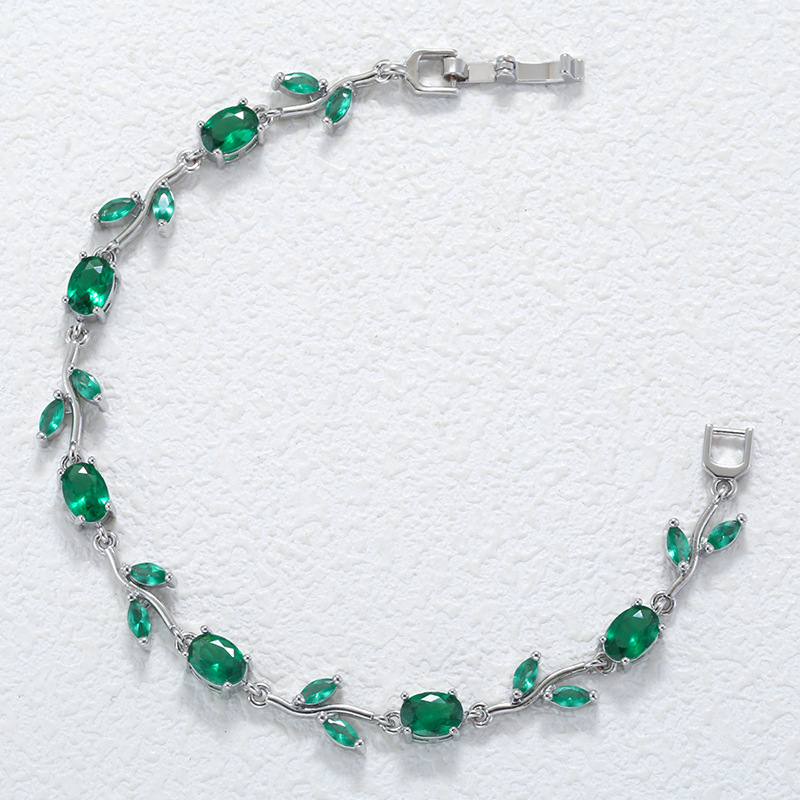 Elegant Versatile Copper-Inlaid Green Crystal Leaf and Petal Bracelet, Fashion Luxury Tulip Layering Jewelry