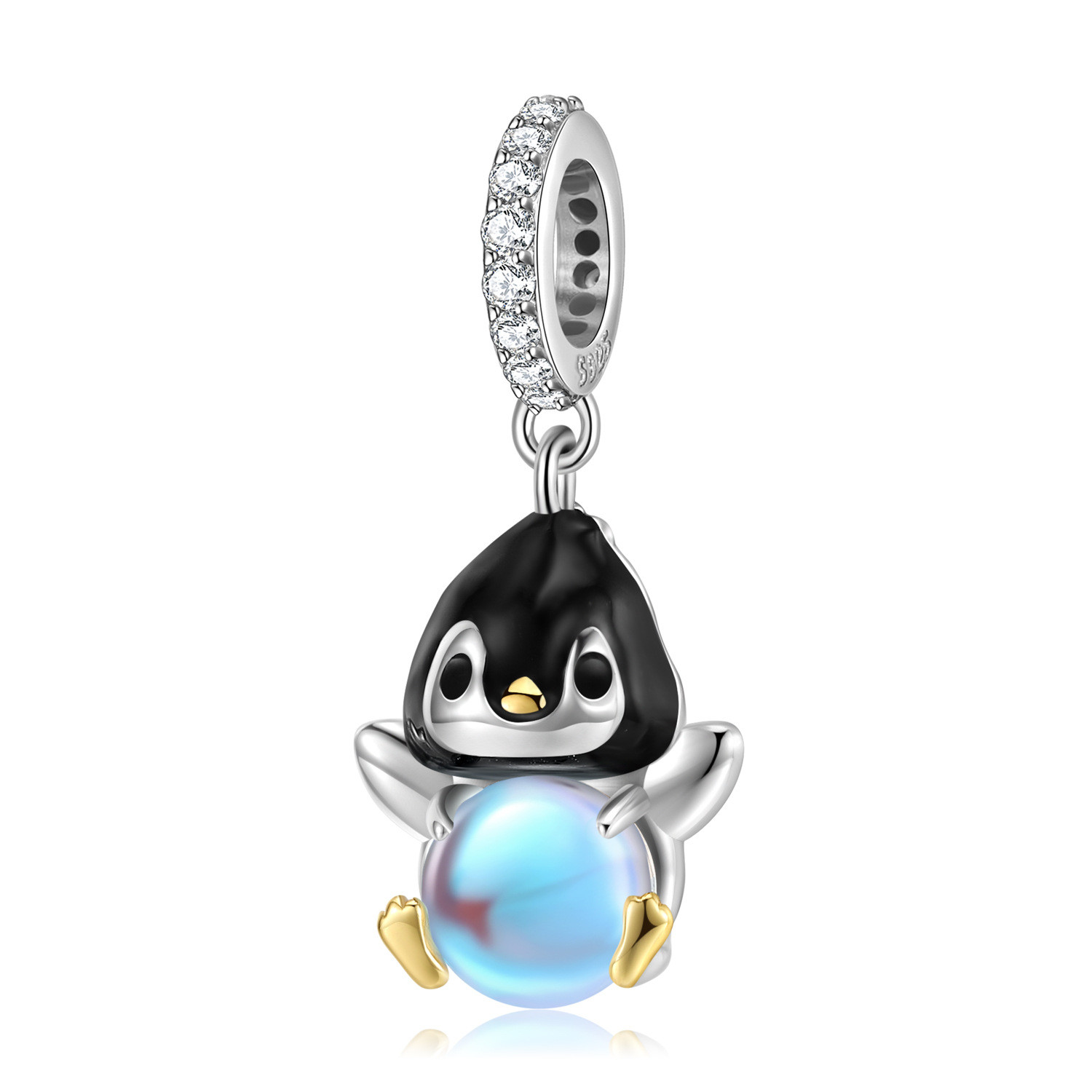 Cute Penguin Charm 925 Sterling Silver Inlaid Synthetic Moonstone for DIY Bracelet — Charms | MAOLE Fine Jewelry