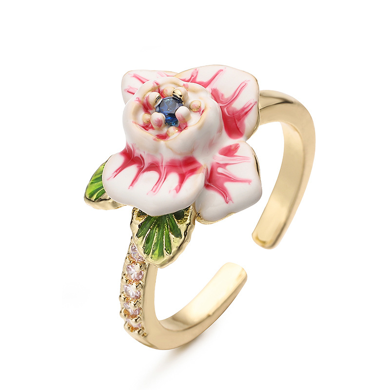 Copper Gold-Plated Colorful Enamel Floral Ring - Fresh Sweet Tulip Daisy Open Adjustable Finger Ring for Women — Pink-Tipped Blossom