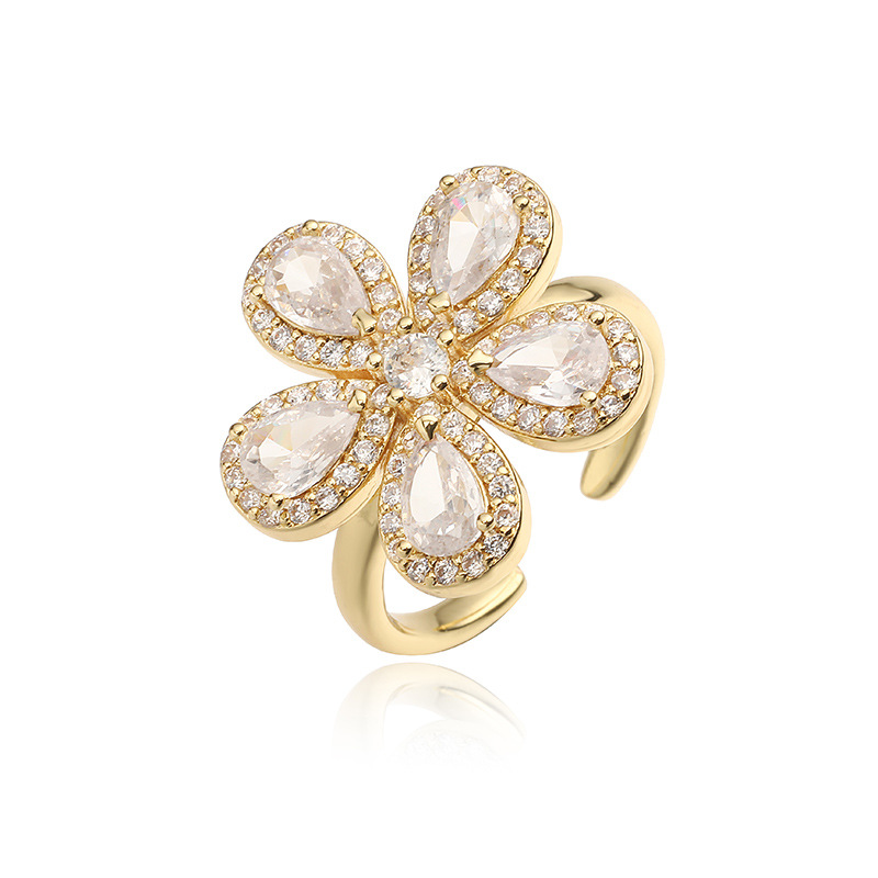 Copper Inlaid Colorful Zirconia Flower Petal Ring - Luxury Sparkle Five-Petal Adjustable Open Ring 4