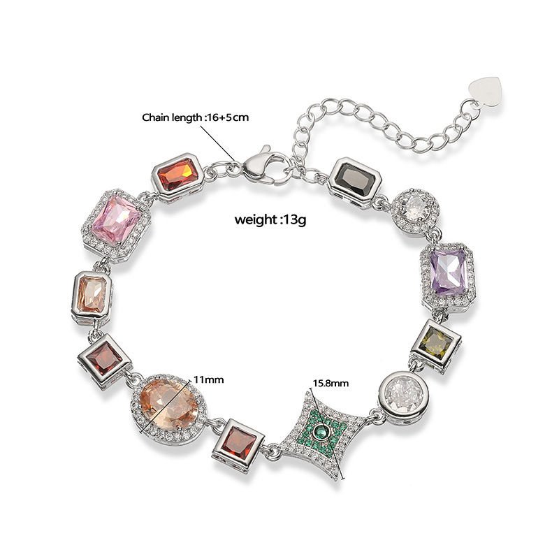 Exquisite Luxury Copper Inlaid Colorful Zircon Heart Oval Square Multi-Gemstone Charm Bracelet — Spec Chart - Silver-tone