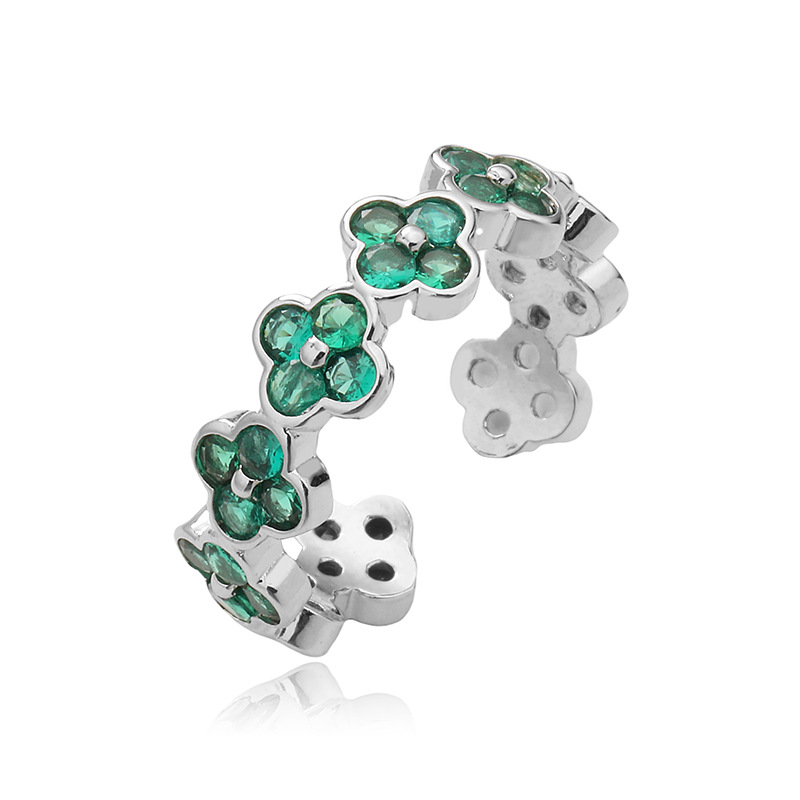 Copper Inlaid Color Diamond Flower Open Adjustable Ring Elegant Flower Petal Band (Silver Tone) — Green