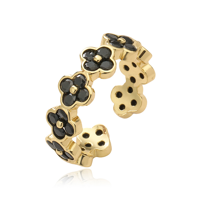 Copper Inlaid Color Diamond Flower Open Adjustable Ring Elegant Flower Petal Band — Black