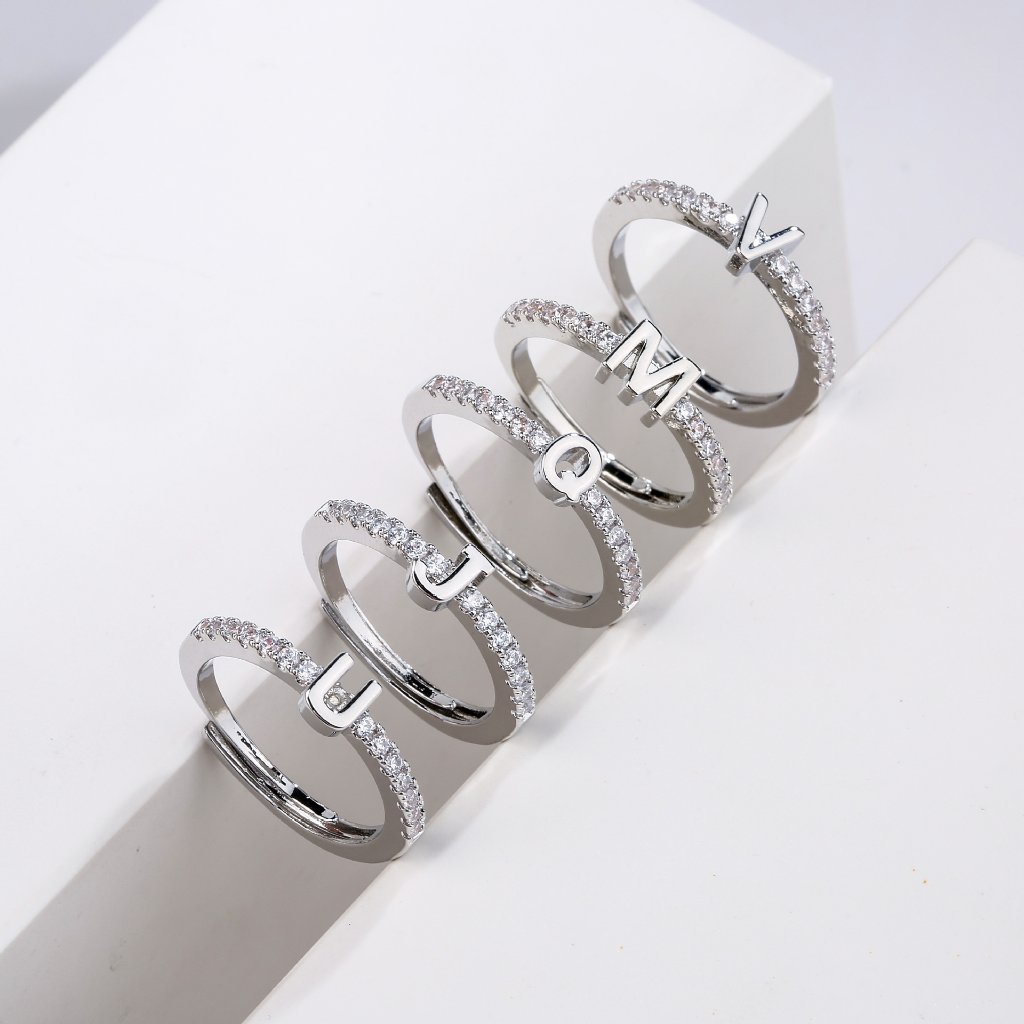 Silver-Plated Zircon Initial Ring (A-Z Adjustable) — Rings | MAOLE Fine Jewelry