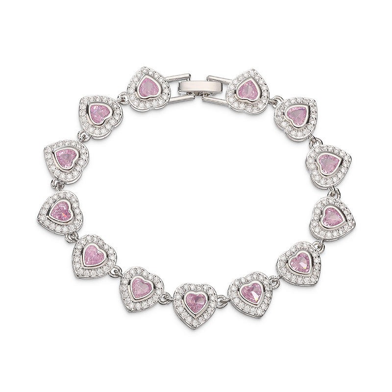 Copper Inlaid Crystal Heart Link Bracelet - Light Luxury Heart Charm — Silver Pink