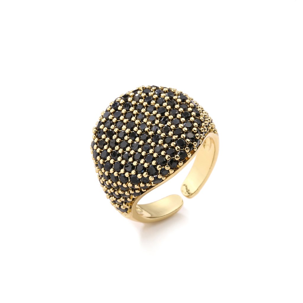 Full-Diamond Circular Open Geometric Zirconia Ring 18K Real Gold Plating Adjustable Women's Ring — Black/Gold