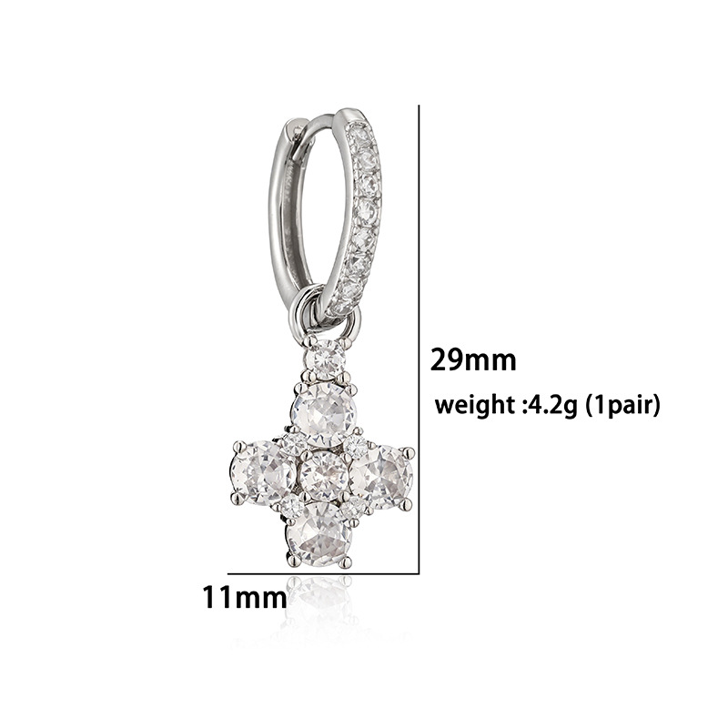 Copper Inlaid Colorful Zircon Flower Huggie Hoop Earrings Dainty Flower Petal Dangle Charms for Women — Spec Chart - Silver Clear
