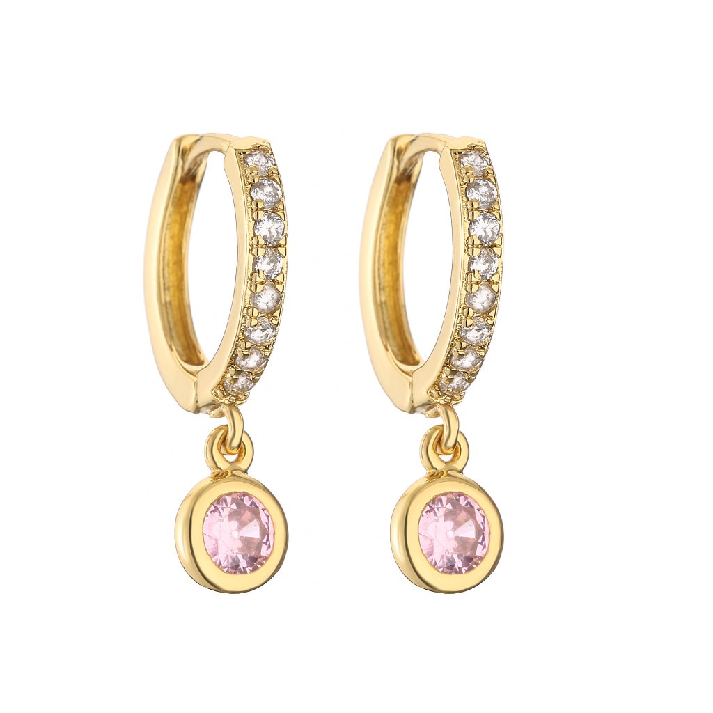 18K Gold Plated Copper Round Huggie Hoop Earrings with Colorful Zircon Dot Chain Dangle Charms — Short - Pink Dangle