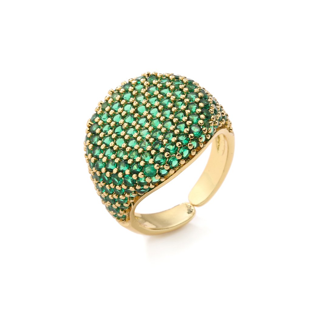 Full-Diamond Circular Open Geometric Zirconia Ring 18K Real Gold Plating Adjustable Women's Ring — Green/Gold