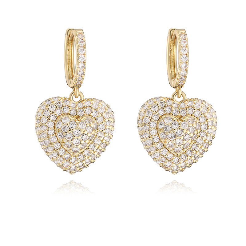 Exquisite Light Luxury Copper Inlaid Colorful Zircon Double-Layer Heart Huggie Hoop Earrings Super Sparkly Heart Dangle Charms — Gold-tone with Clear Heart