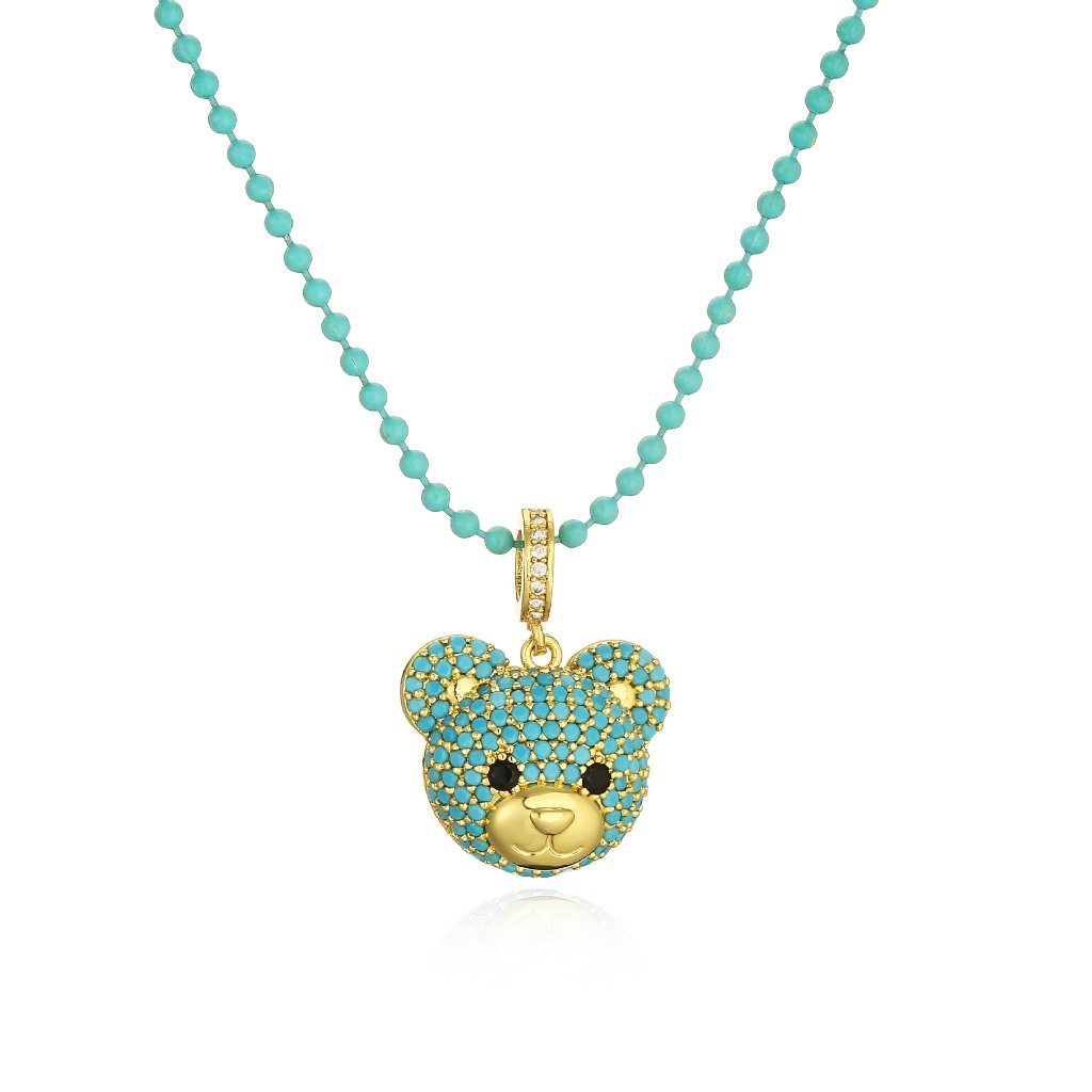 Cute Bear Pendant Necklace - Turquoise Gold Bead Chain V2