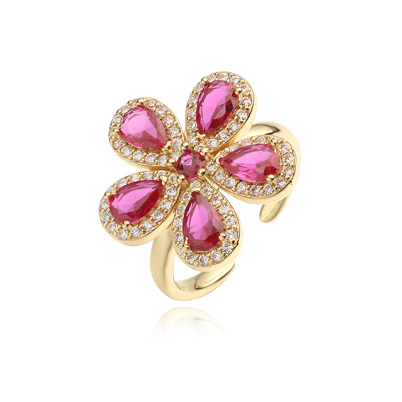 Copper Inlaid Colorful Zirconia Flower Petal Ring - Luxury Sparkle Five-Petal Adjustable Open Ring 8